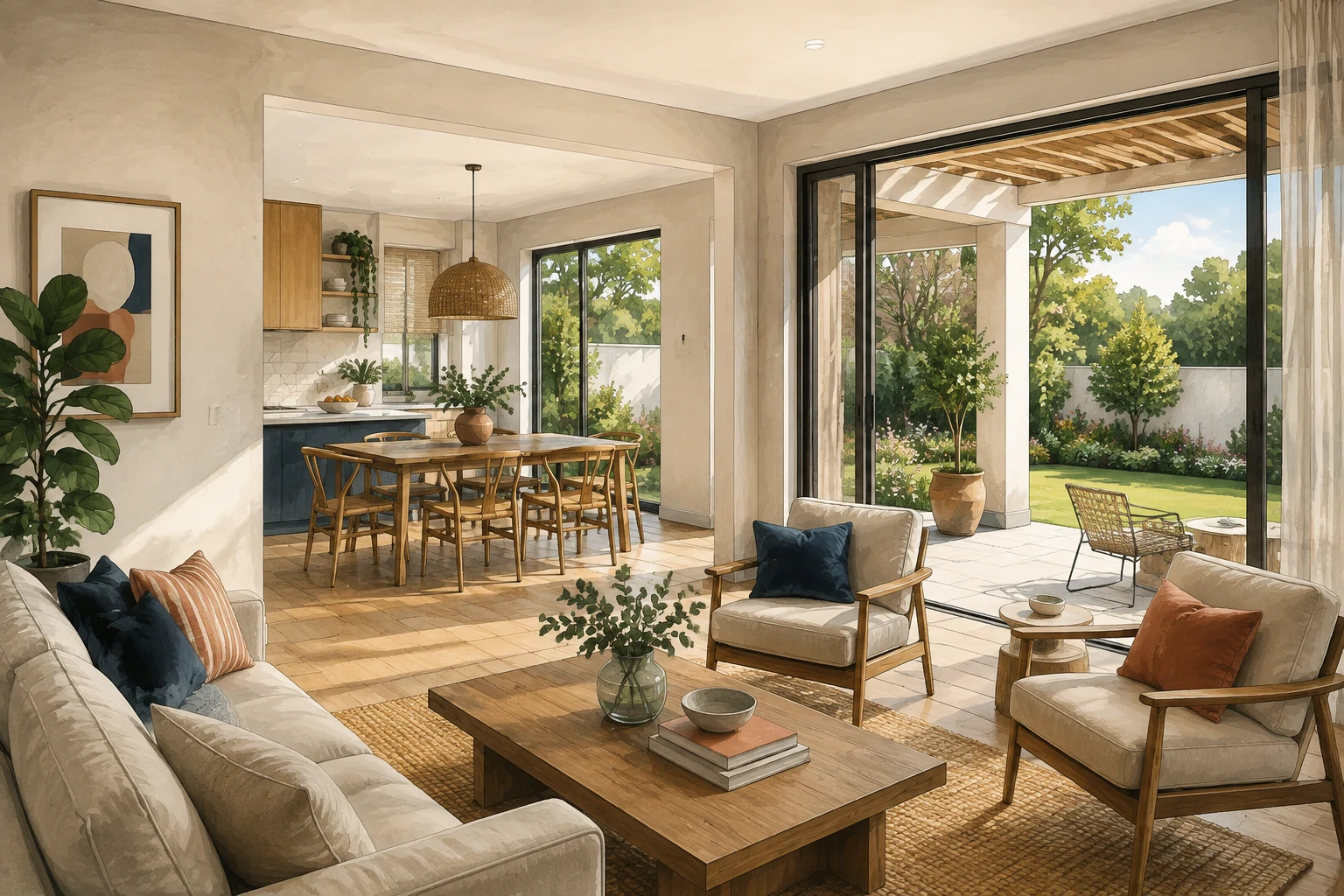 Editorial illustration of a warm open-plan living room leading to a patio and garden